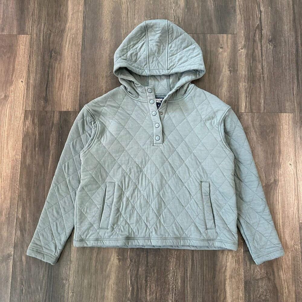 Lands End Quilted Blue Hoodie Sweater Pullover 1/4 Snap Button Women's Sz Medium